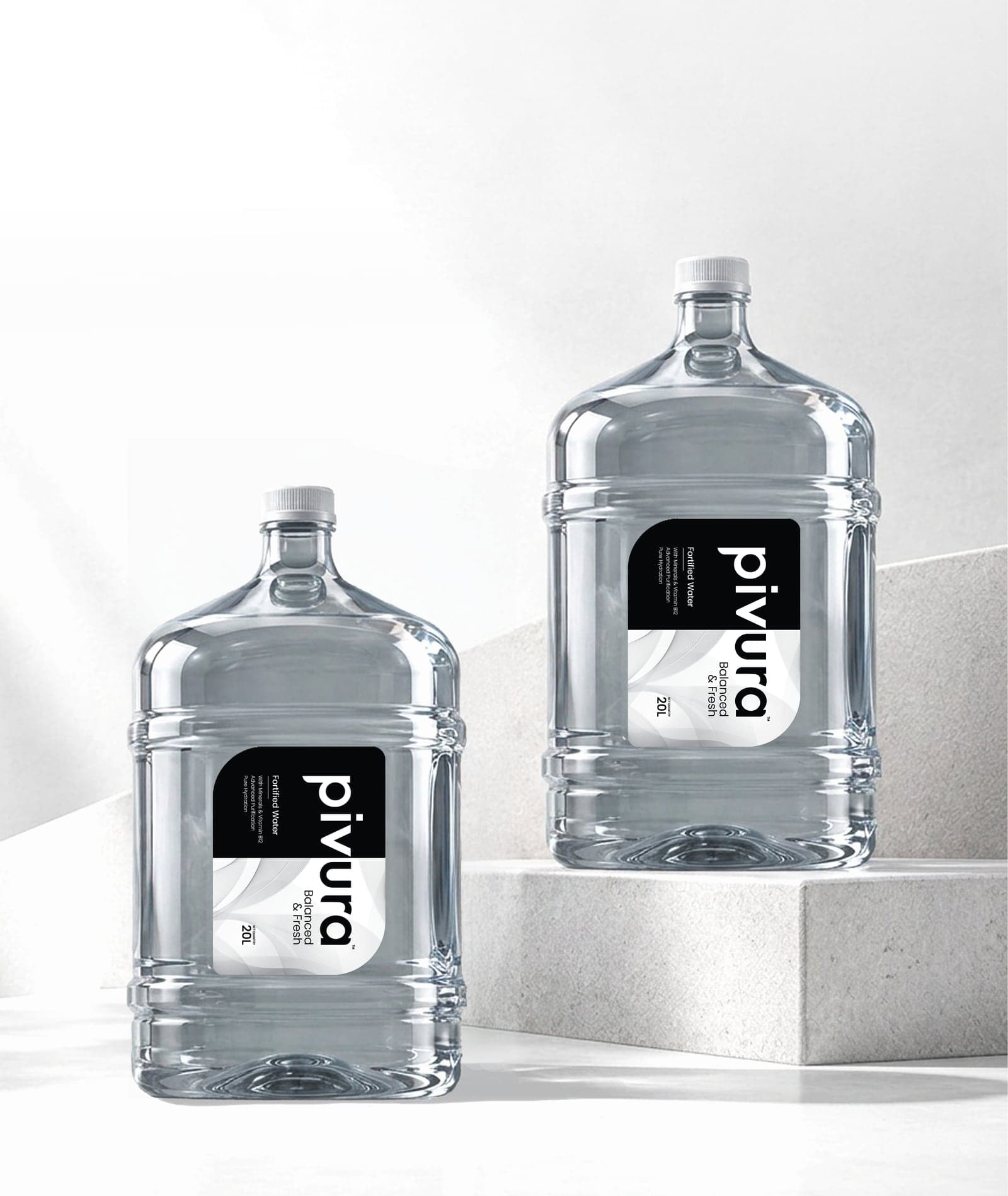 Two Pivura Balanced & Fresh 20 litre cans on stone steps in soft daylight